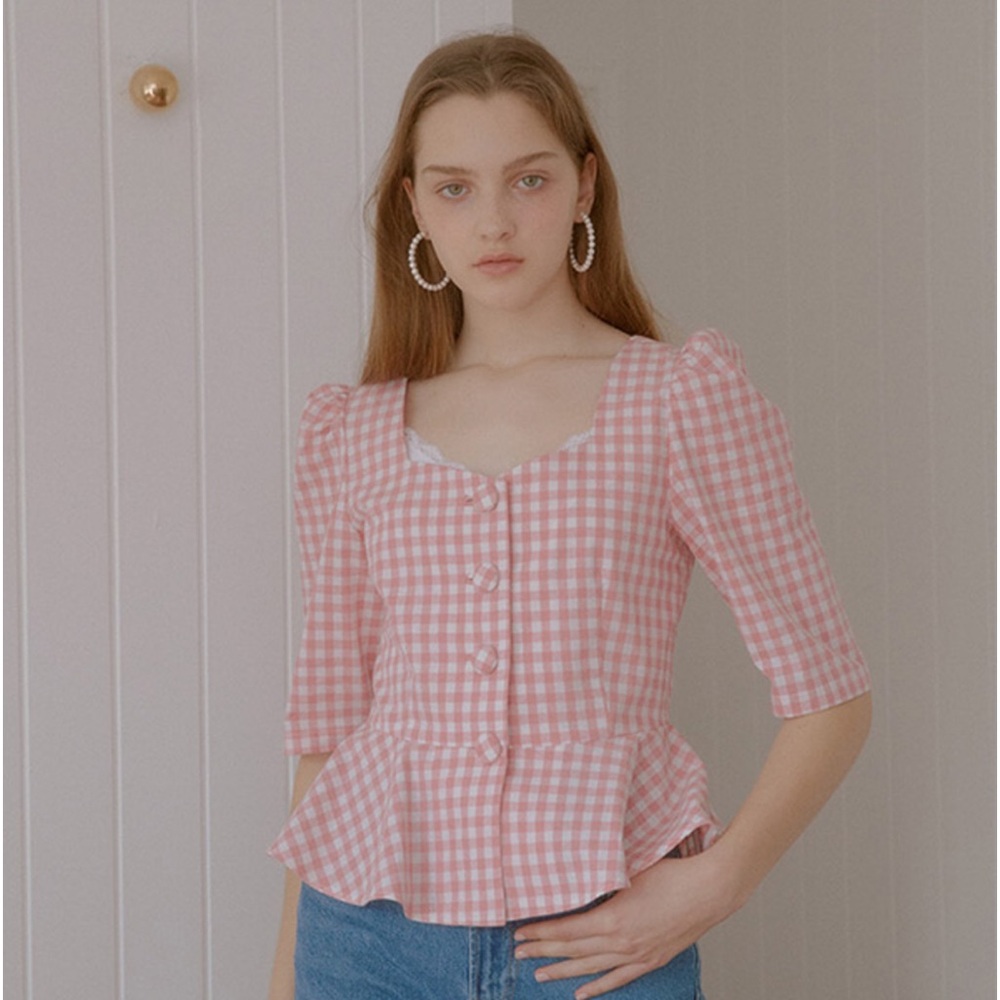 Voca Vaca Alice Pink and White Gingham Peplum Blouse